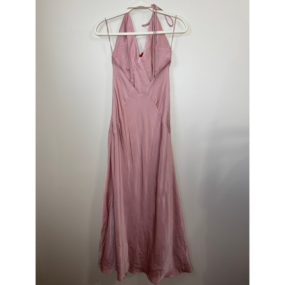 Bardot Aradia Pink Silk Halter Neck Maxi Dress Red Rose Accent - Picture 9 of 9